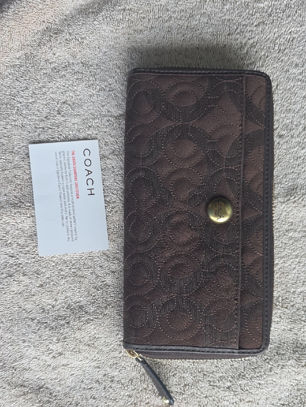 Coach Brown Quilted Signature Zip Wallet with Gold Button